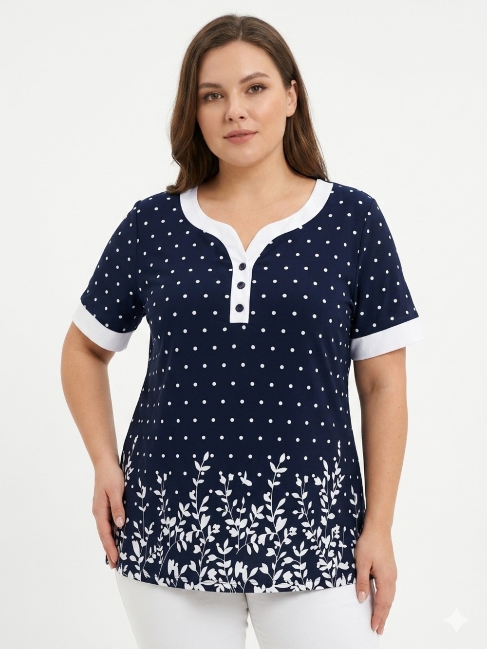 NWT Navy Polka Dot Henley Top with White Trim P2p20 L26